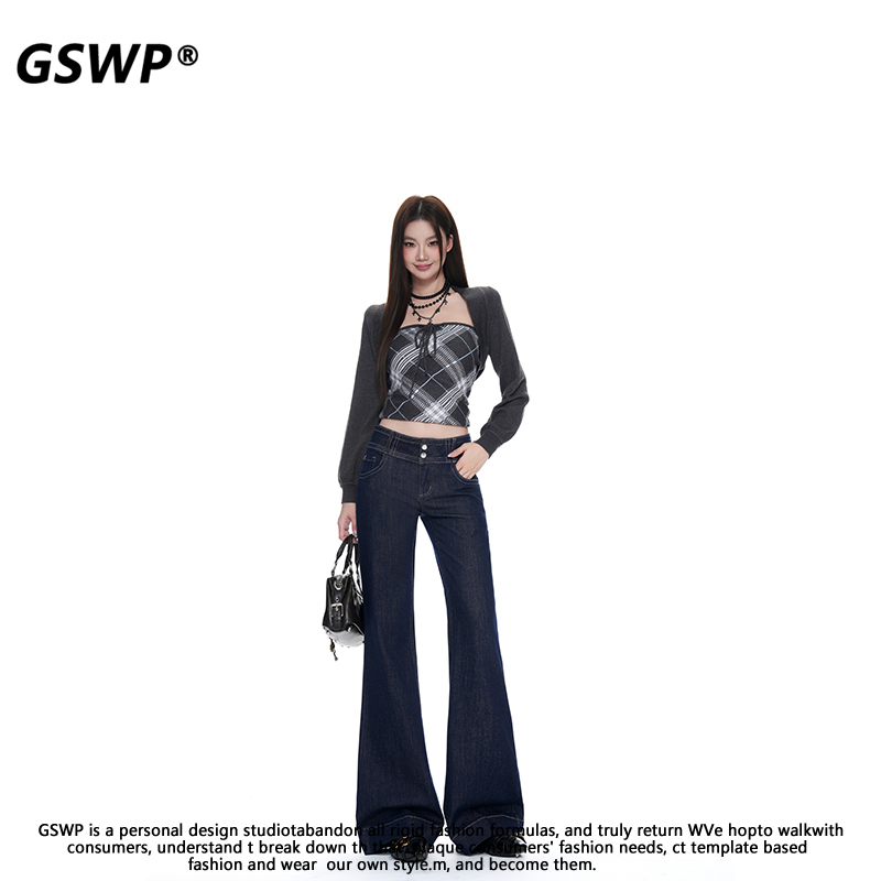 Gswp Autumn Flared Jeans for Women, Slim Fit, Dark Blue Bell-Bottom Pants, Vintage Long Pants, Trendy Supermodel Pants, High-Waisted Gswp Autumn Flared Jeans for Women, Slim Fit, Dark Blue Bell-Bottom Pants, Vintage Long Pants, Trendy Supermodel Pants, High-Waisted