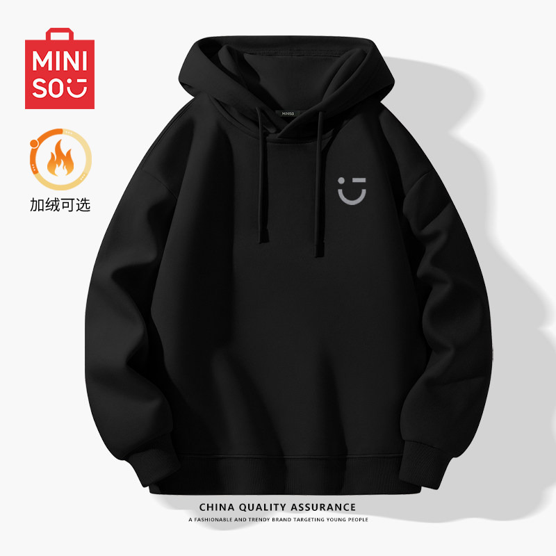 Miniso Premium Hooded Sweatshirt for Men, Fleece-Lined and Thickened, Men's Hoodie, 2026 New Model, Black Jacket for Teenagers, Winter a Miniso Premium Hooded Sweatshirt for Men, Fleece-Lined and Thickened, Men's Hoodie, 2026 New Model, Black Jacket for Teenagers, Winter a