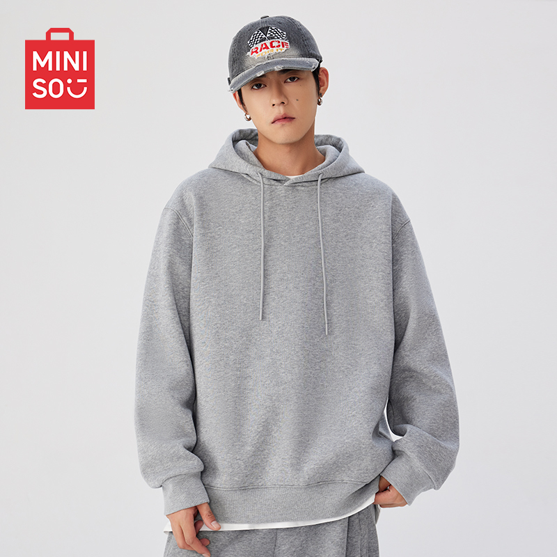 Miniso Gray Sweatshirt for Men, Spring 2026 New Thin Loose Hoodie, Solid Color Hooded Men's Clothing a