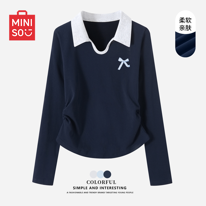 Miniso Polo Shirt T-Shirt for Women, Long-Sleeved 2026 New Early Autumn Color-Blocked Clothing, Short Top for Junior High School Students D