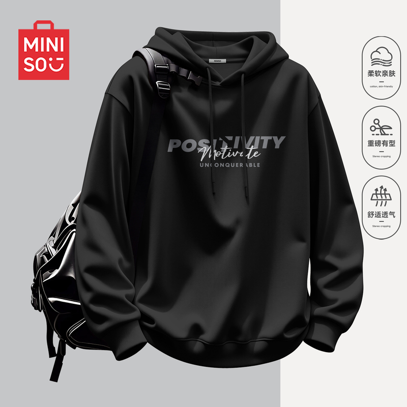 Miniso/Miniso Black Hooded Sweatshirt for Men, American-Style Lettering, Work Clothing, Daily Casual Loose Pullover Y Miniso/Miniso Black Hooded Sweatshirt for Men, American-Style Lettering, Work Clothing, Daily Casual Loose Pullover Y
