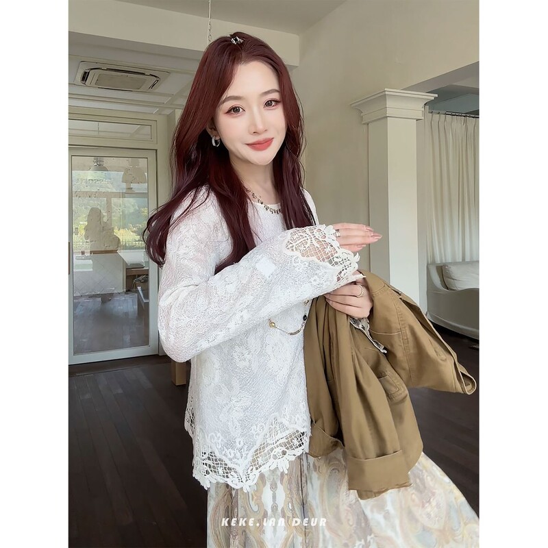 【Sunset Reverie】New Style French Lace Trim Solid Color Design Shirt for Women 【Sunset Reverie】New Style French Lace Trim Solid Color Design Shirt for Women