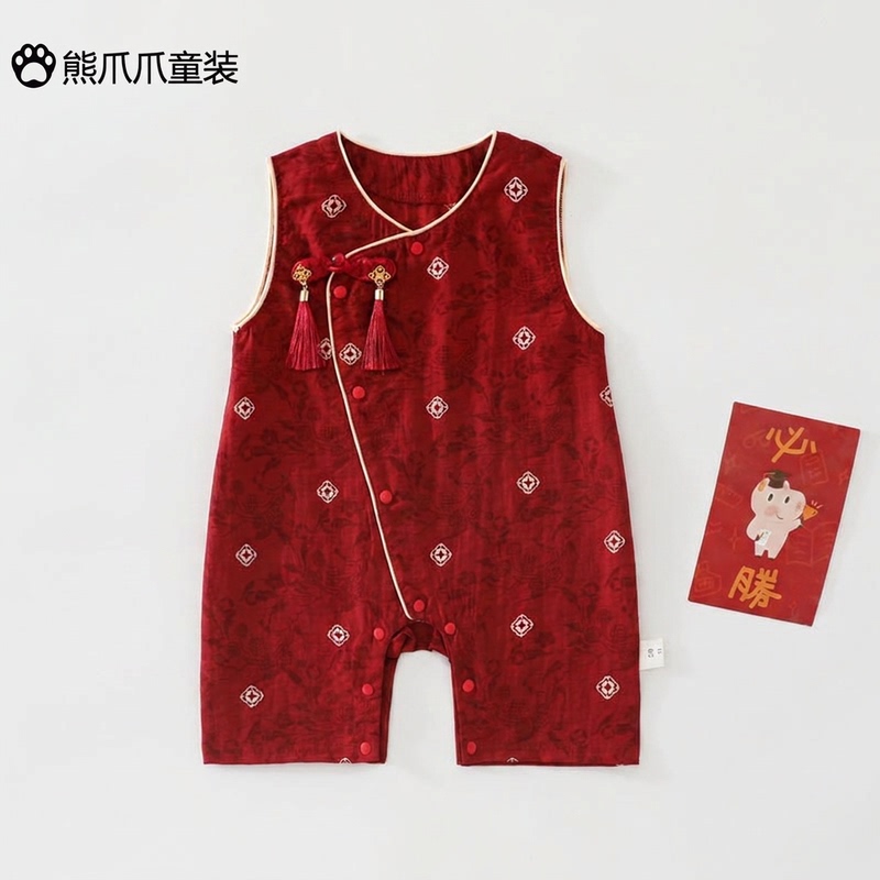 Summer Thin Baby A-Class Romper with National Style, Bright Red Baby Clothing for 100-Day Celebration, Festive Outfit for First Birthday Summer Thin Baby A-Class Romper with National Style, Bright Red Baby Clothing for 100-Day Celebration, Festive Outfit for First Birthday