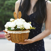 Paper rattan woven rabbit small flower basket real flower simulated flower hand basket holiday gift floral decoration woven small basket