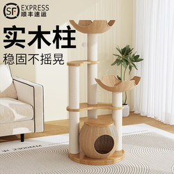 Solid Wood Cat Climbing Frame, Cat House, Cat Tree, All-In-One Vertical Cat Scratching Board, Space-Saving for Multiple Cats, Cat Woven Rattan Nest, Scratch-Resistant