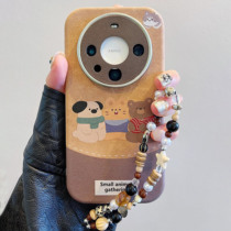 National trend autumn and winter brown leather bear rabbit dog suitable for Huawei mate60pro mobile phone case