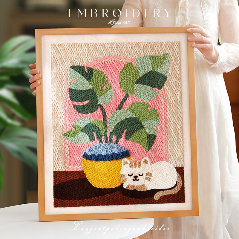 【Cute Cat Lazy Time】Diy Embroidery Kit with Frame, Can Be Displayed or Hanged, Housewarming Gift