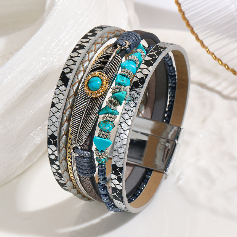 [Instant Discount of 50 Upon Ordering] Bohemian Style Bracelet with Crushed Stones and Feathers, Vintage Turquoise Magnetic Clasp Bracelet