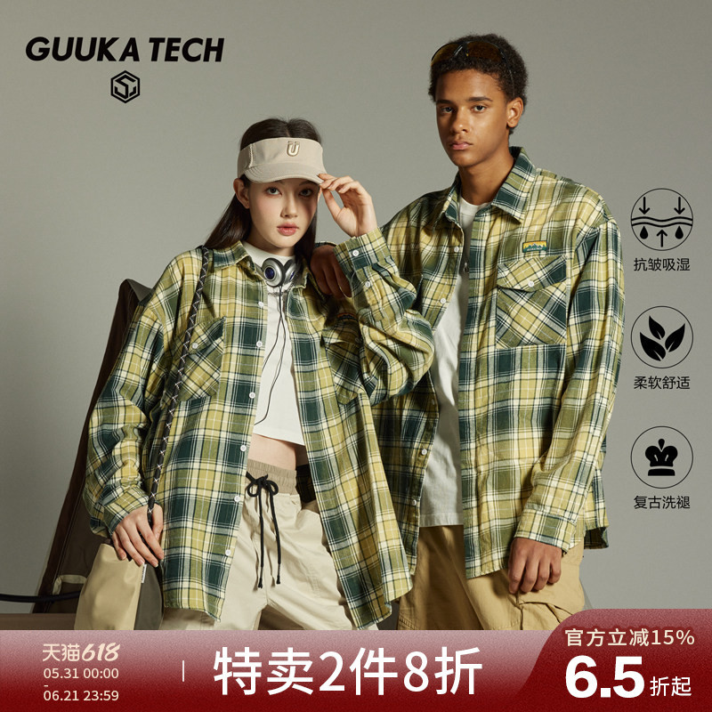 Fan Zhixin's Same Style Guukatech Japanese Retro Long-Sleeve Shirt for Men, Workwear Plaid Shirt Jacket for Autumn