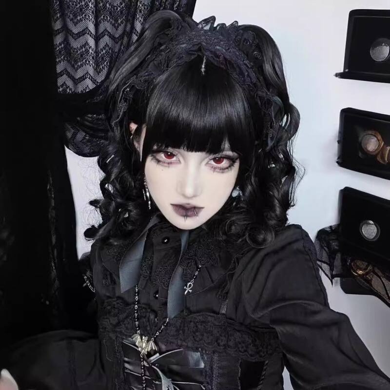 Beagle Wig Lolita Roman Curls Gothic Style Wig Ponytail Black Elegant Retro Wig No Need to Care for It