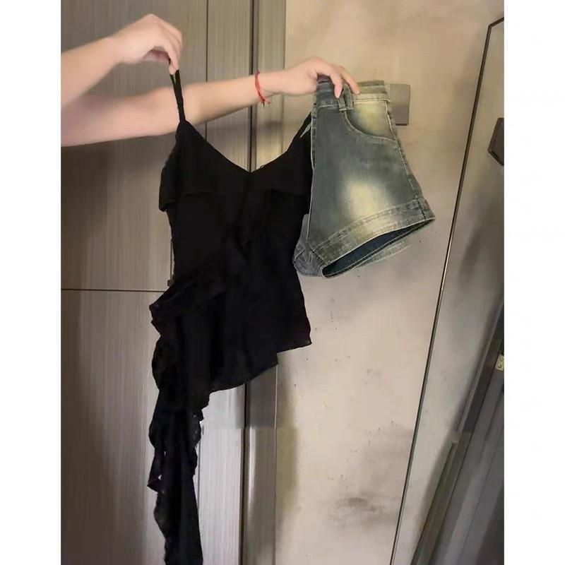 Black Halter Top with a Beach Vacation Vibe, Unique Design, Asymmetrical Style, Sleeveless, Stylish Backless Women's Versatile Outfit