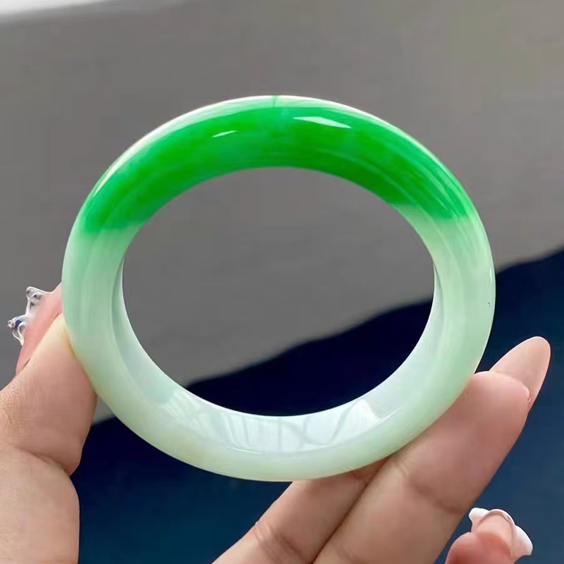 Ice White Background Green Jade Bracelet Natural Burmese Round Bar Circle Sun Green Floating Flower Jade Bracelet Women's Laokeng a Goods Ice White Background Green Jade Bracelet Natural Burmese Round Bar Circle Sun Green Floating Flower Jade Bracelet Women's Laokeng a Goods