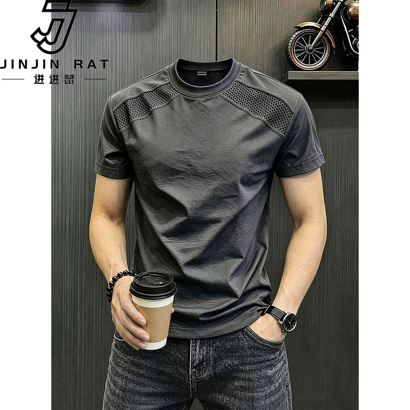 Dark Gray Mesh Quick-Drying Breathable Short-Sleeved Men's Summer Thin Daily Sports Half-Sleeve Spliced ​​Elastic Fitness Short-Sleeve