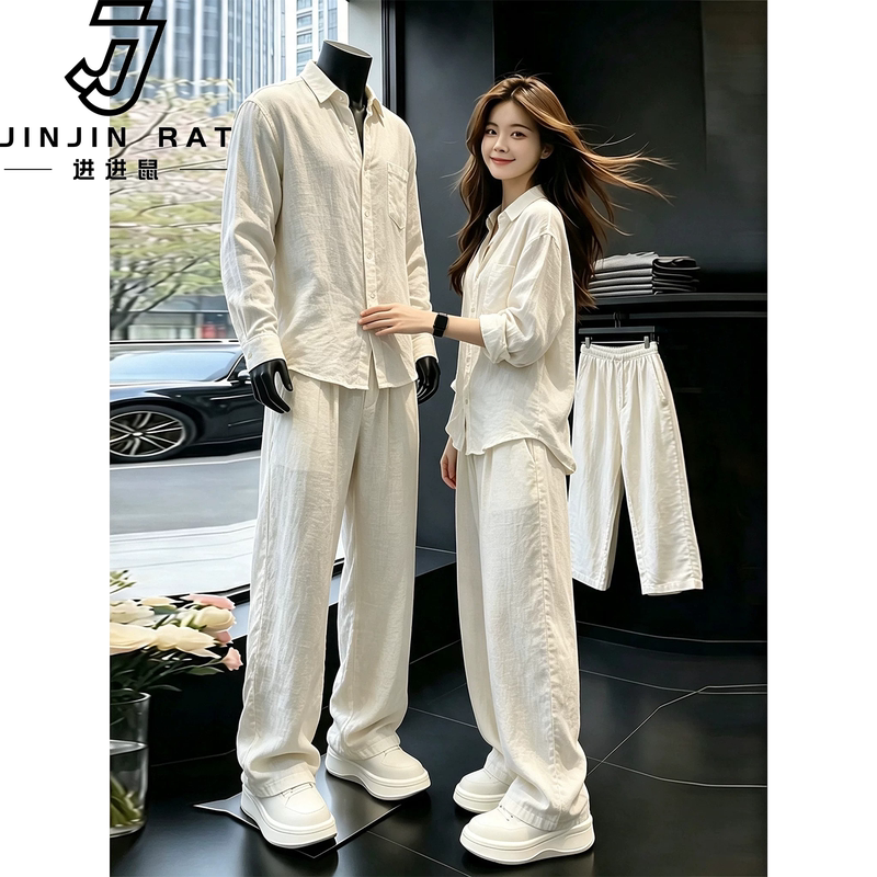 Old Money Style Tencel Linen Suit for Men, Autumn High-End Light Luxury Sun-Protective Polo Shirt and Long Pants, Relaxed Fit Set