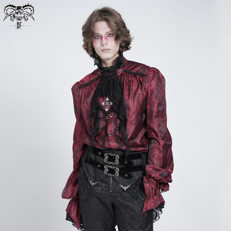 Devil fashion gothic red jacquard shirt with detachable bow tie and cashew pattern for men, SHT140