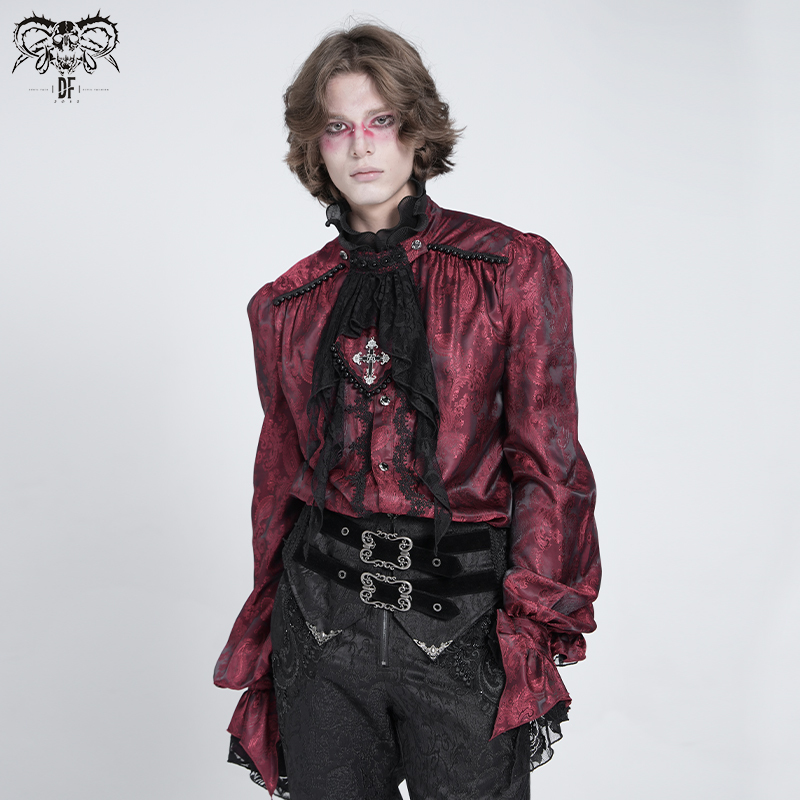 Devil Fashion Gothic Detachable Floral Mesh Bow Tie Paisley Jacquard Shirt for Men Sht140