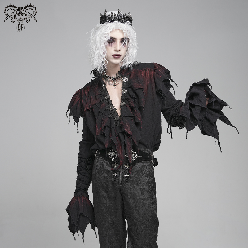 Devil Fashion Gothic Punk Double-Layer Mesh Hand-Painted Burgundy Long-Sleeved Shirt Sht148