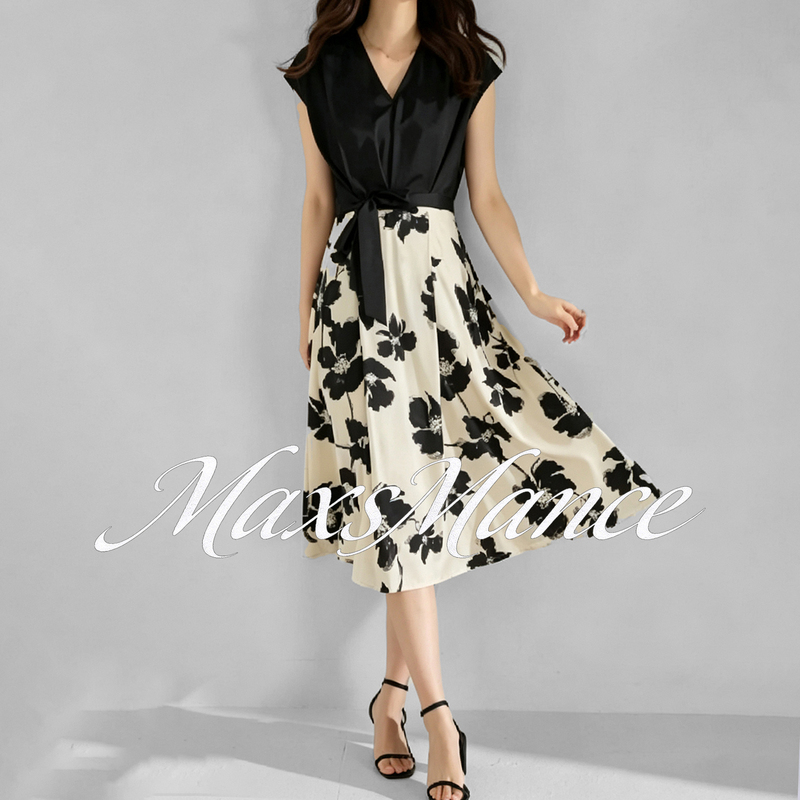 Maxsmance French-Style Light Luxury High-End Summer Dress, Elegant and Stylish for Middle-Aged Women, with a Refined and Graceful V-Neck Design