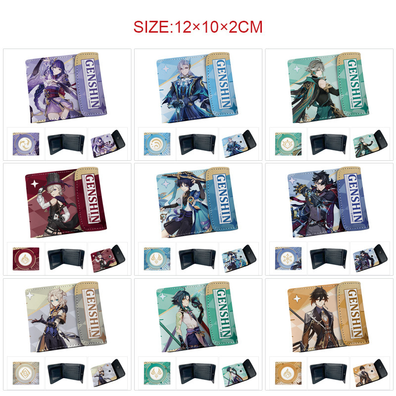 Genshin Impact Merchandise Full-Color Snap-Button Pu Leather Short Wallet Featuring Keqing, Hu Tao, Raiden Shogun, Zhongli, Ganyu, Wenji, and Xiang Genshin Impact Merchandise Full-Color Snap-Button Pu Leather Short Wallet Featuring Keqing, Hu Tao, Raiden Shogun, Zhongli, Ganyu, Wenji, and Xiang