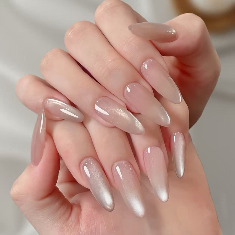 Nude Cat-Eye Nail Art, Medium-Length Handmade Wearable Nails, 2026 New Style, Elegant and High-End Bridal Wedding Photo Nail Stickers