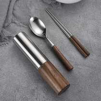 Personalized customized LOGO wooden chopsticks spoon set portable cutlery box fork student 304 stainless steel single