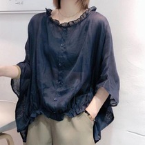 Foreign trade export single womens spring and summer bat short-sleeved blouse thin cotton and linen shirt loose ramie top