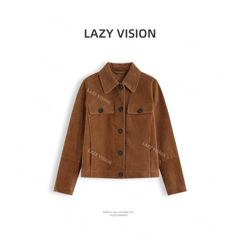 Lazyvision Imported High Mountain Goatskin Light Tanned Suede Leather Jacket for Women, Autum Short Casual Jacket 38786 Lazyvision Imported High Mountain Goatskin Light Tanned Suede Leather Jacket for Women, Autum Short Casual Jacket 38786
