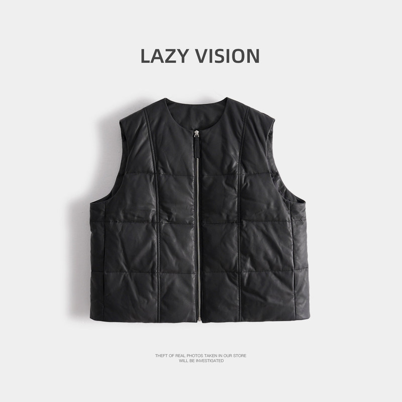 Lazyvision Delicate Sheepskin Goose down Warm Vest for Women Autumn and Winter Genuine Leather Layered Sleeveless Jacket 23142