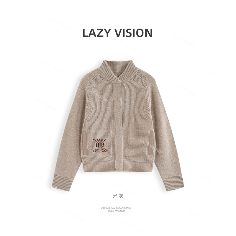 Lazyvision Pure Cashmere and Sheepskin Patchwork Hidden Placket Jacket for Women, Autumn Jacquard Pocket Knit Cardigan 38792