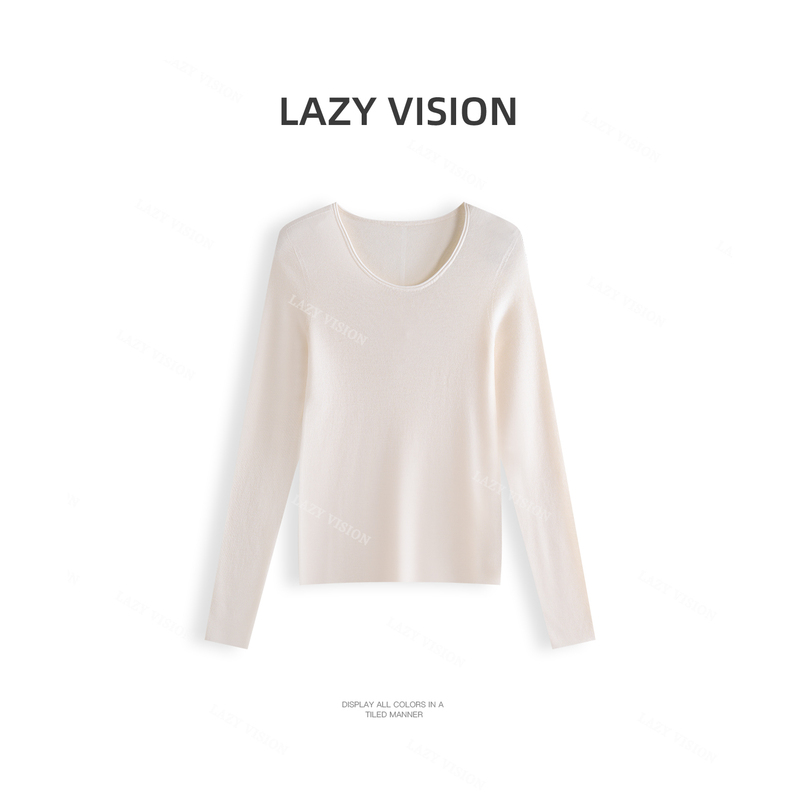 Lazyvision Fine Wool Nude-Feel U-Neck Knitwear for Women, Autumn Slim Fit Long-Sleeve Base Layer Top 38814