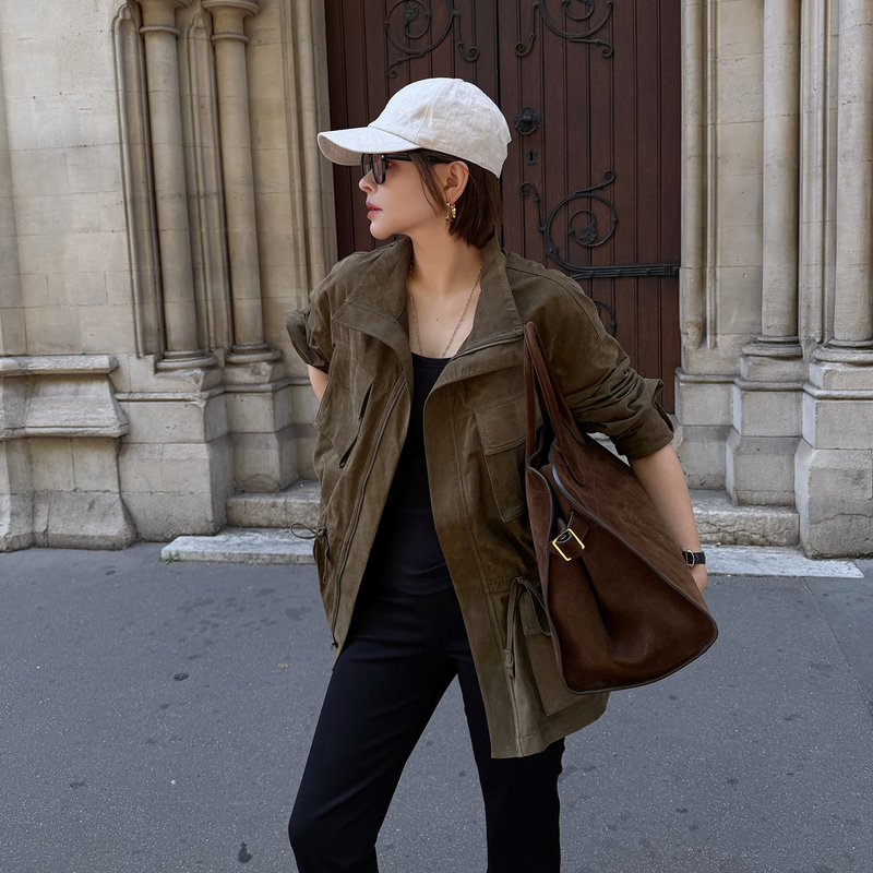 Lazyvision Retro Ultra-Thin Genuine Suede Leather Jacket for Women, Autumn Silhouette, Multi-Pocket Workwear Leather Jacket 39017 Lazyvision Retro Ultra-Thin Genuine Suede Leather Jacket for Women, Autumn Silhouette, Multi-Pocket Workwear Leather Jacket 39017