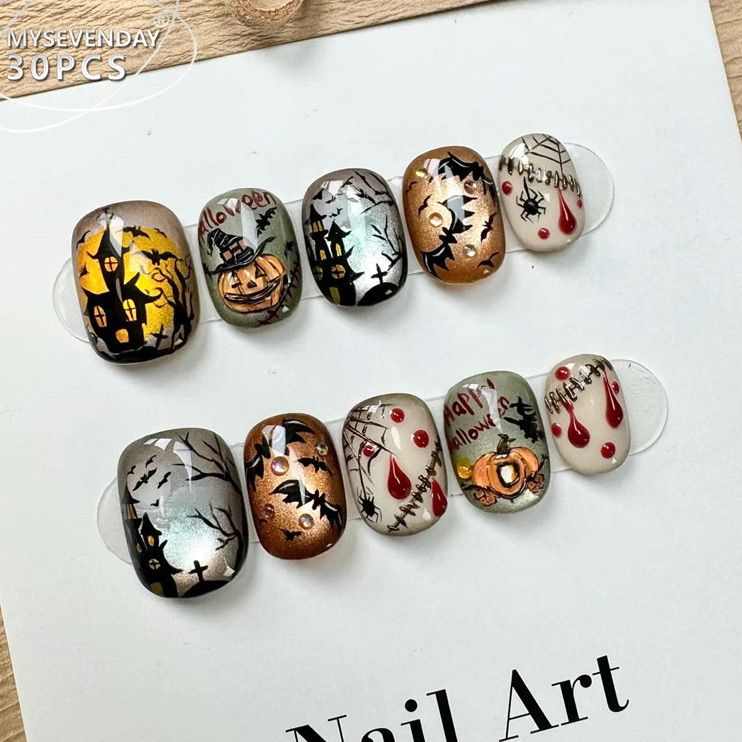 Halloween-themed nail art, high-end handmade nail art, cute pumpkin cartoon detachable nails.