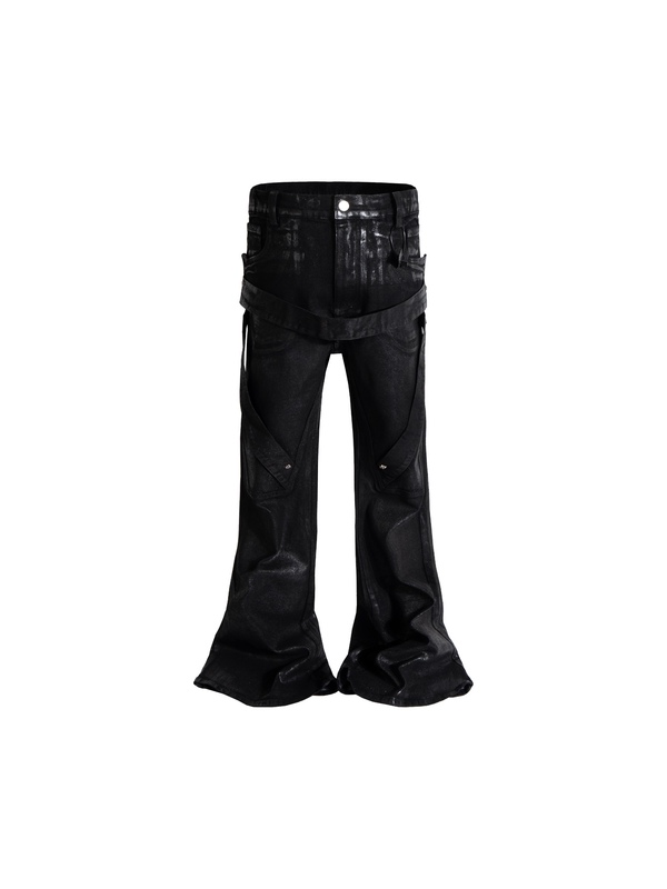 【Sefue3】American Street Style Handmade Waxed Lace-Up Coated Flared Jeans for Men and Women, Floor-Length Pants 【Sefue3】American Street Style Handmade Waxed Lace-Up Coated Flared Jeans for Men and Women, Floor-Length Pants