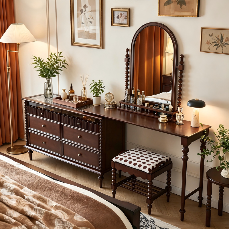 French Retro Style Dressing Table, American Mid-Century Chest of Drawers, Integrated Rotatable Solid Wood Bedroom Storage Cabinet, Dressing Table