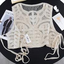 V-neck hollow braided knitted suspenders womens outer short top 2023 spring and summer new embroidered vest sleeveless back