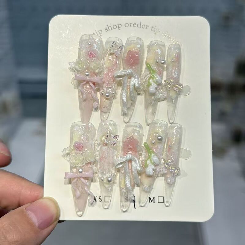 Rose Flower Handmade Gradient Oil Painting Butterfly Press-On Nails Tulip High-End Heavy-Duty Fairy-Like Atmosphere Nail Art