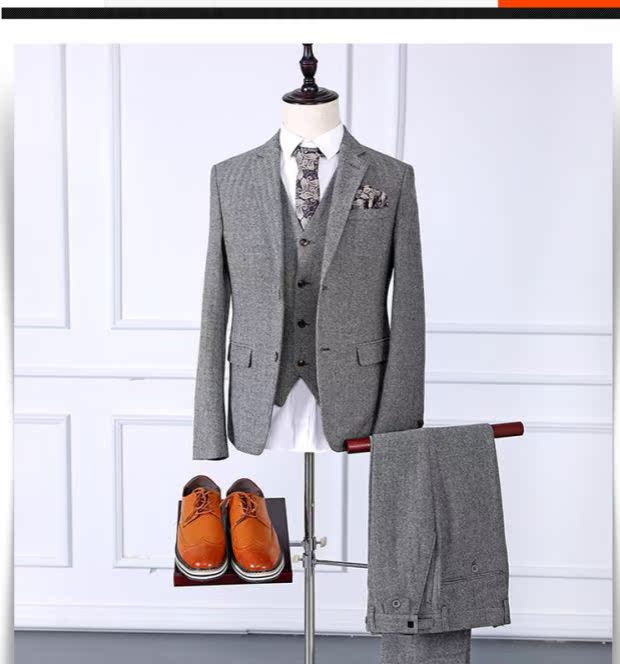 Bốn mùa, hai ngực đơn, giữa mở, len, hoa văn xương cá, vest, vest, vest ba mảnh màu xám, nam quần nam