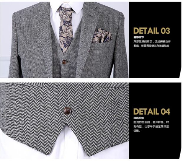 Bốn mùa, hai ngực đơn, giữa mở, len, hoa văn xương cá, vest, vest, vest ba mảnh màu xám, nam quần nam