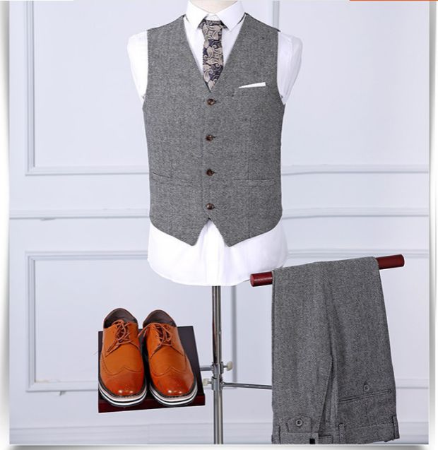 Bốn mùa, hai ngực đơn, giữa mở, len, hoa văn xương cá, vest, vest, vest ba mảnh màu xám, nam quần nam