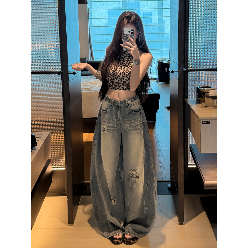 Zheng Xiaoliang Low-Waist Scimitar Jeans for Women, 2026 Autumn New Style, Petite Loose Fit, Slimming Wide-Leg Floor-Length Pants