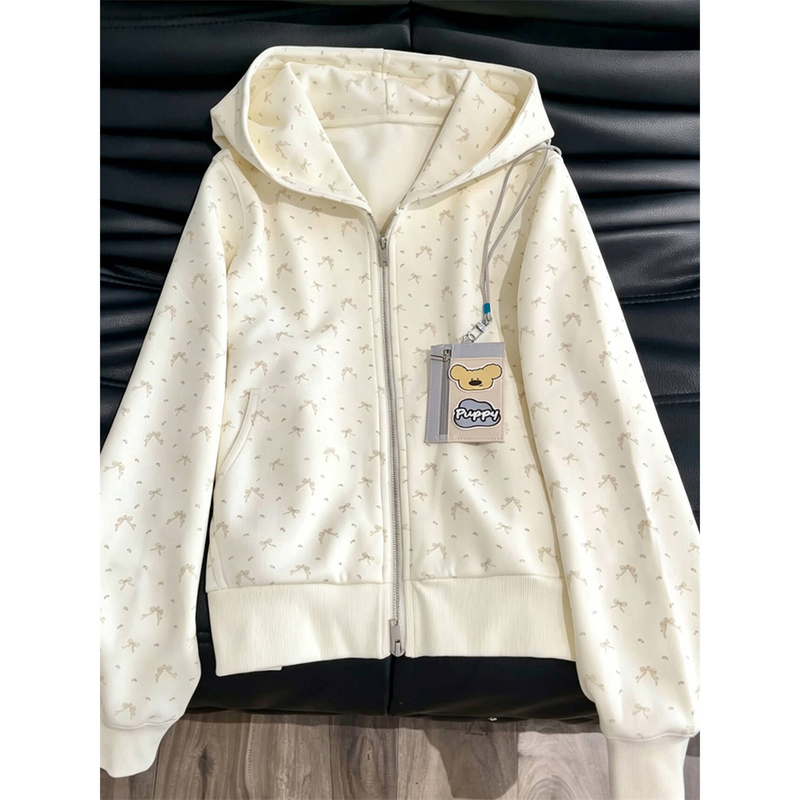 Korean-Style Sweet Bow Floral Pocket Hooded Cardigan Sweatshirt for Women, Autumn Design, Loose-Fitting Jacket Top, Trendy