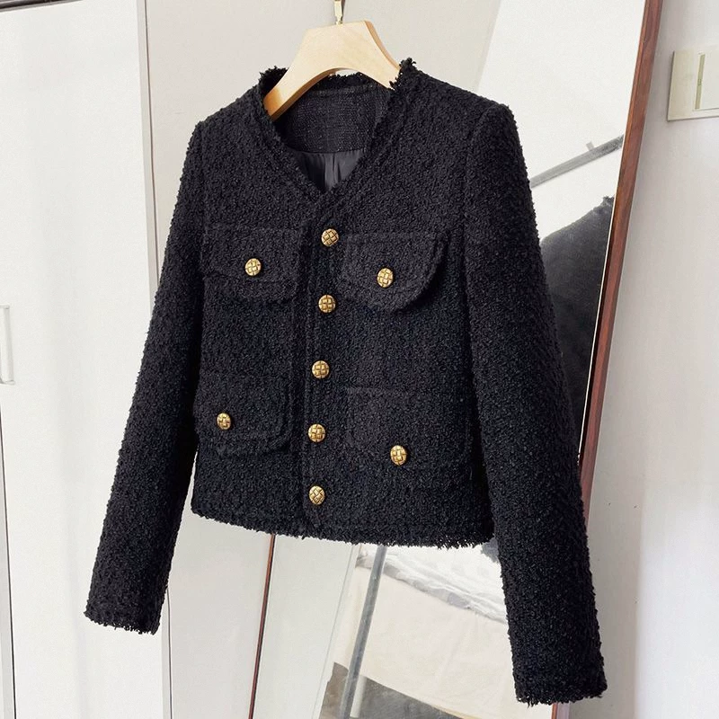 Черная короткая осенняя куртка с длинным рукавом, стиль Chanel