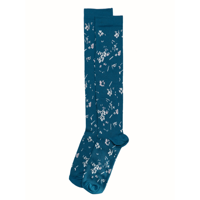 Relieve Leg Fatigue, Promote Blood Circulation, Quick-Drying Sports Long Calf Compression Socks for Women, Blue with Small Floral Pattern