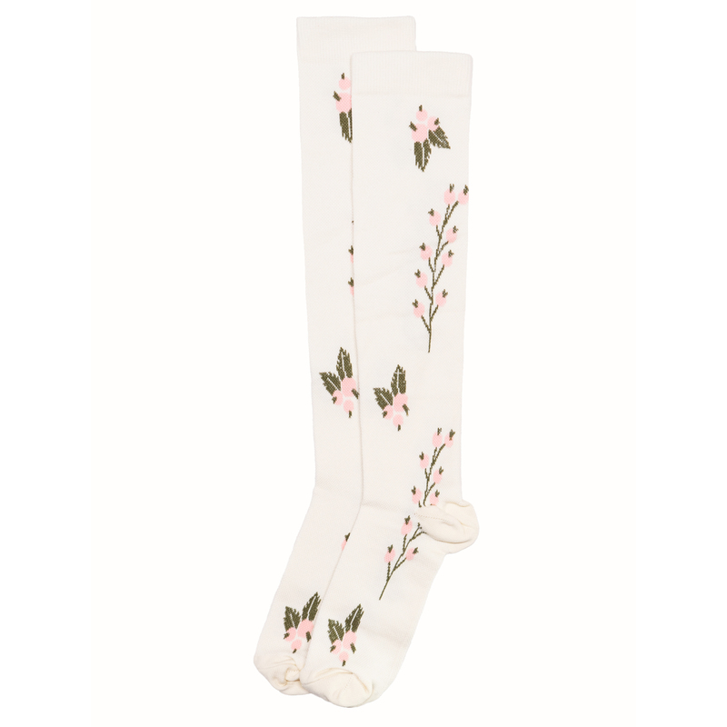 Relieve Leg Fatigue, Promote Blood Circulation, Quick-Drying Sports Long Calf Compression Socks for Women, Ivory Color with Floral Design