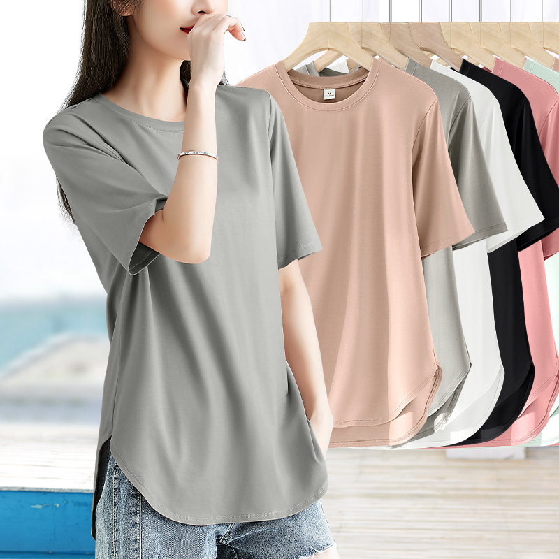 Side Slit Semi-Circular Hem Slim-Fit Short-Sleeve T-Shirt for Women, Small Round Neck, Front and Back Asymmetrical Length, Thin Top