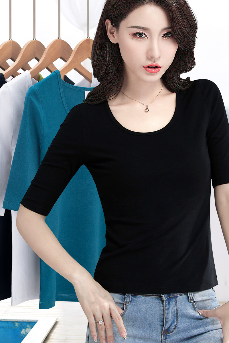 Black 50%-sleeve T-shirt lady 70% sleeves swarm with white undershirt 2022 spring and summer new inner lap collar blouse