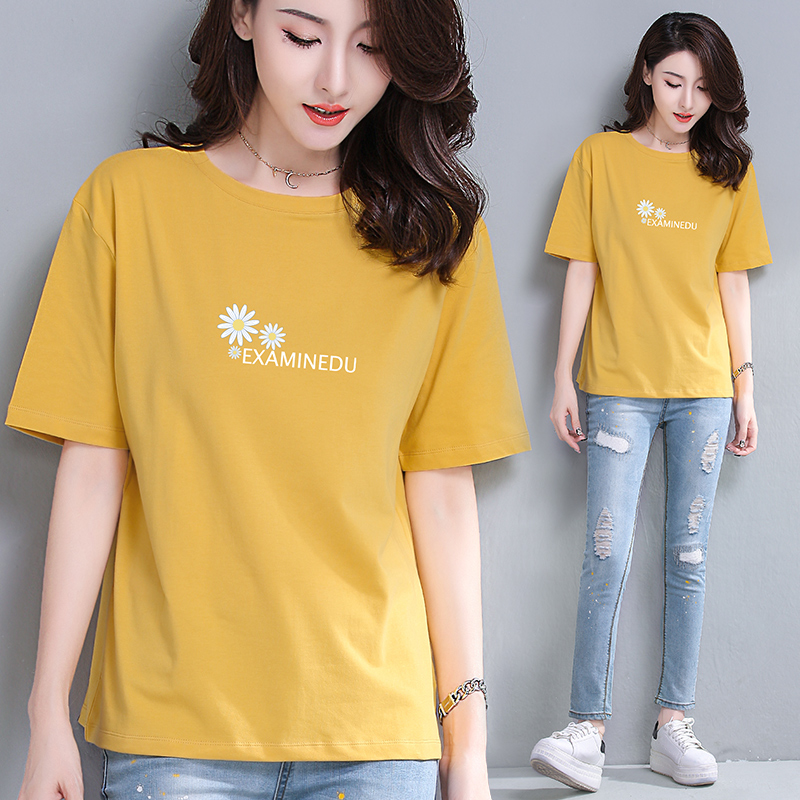Large size women's t-shirt 2021 new top pure cotton thin foreign style age reduction printing loose short-sleeved thin summer
