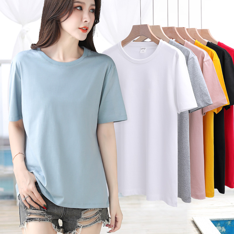Light blue short sleeve woman 2022 new loose Korean version T-shirt pure cotton 100 hitch long version large size skinny blouse