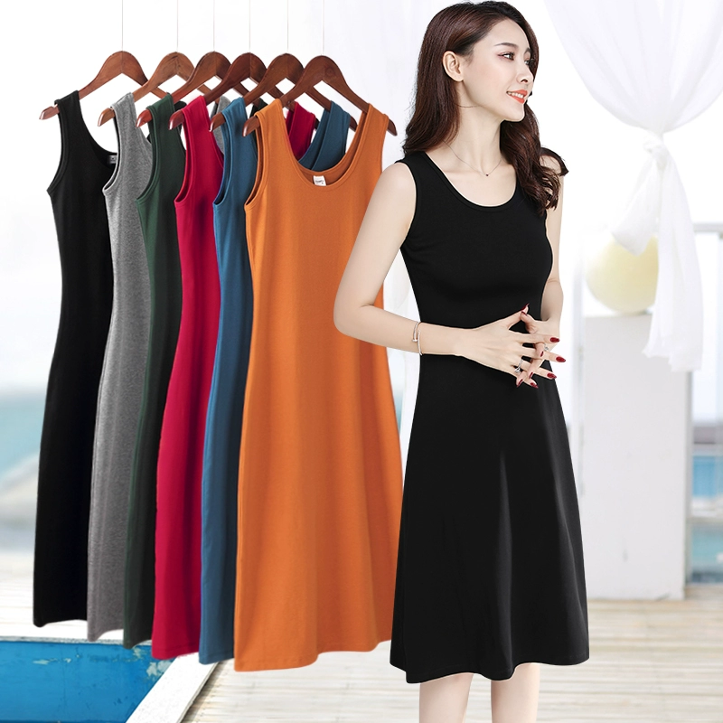 Váy đen không tay dưới chân váy mùa thu mới chất béo mm váy mỏng và che phủ thịt váy dài giữa lưng cao váy vest nữ - A-Line Váy