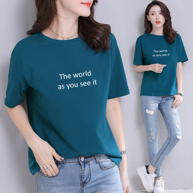 Blue short-sleeved women's loose Korean version all-match T-shirt trend 2022 spring and summer outside wear casual T-shirt top trend